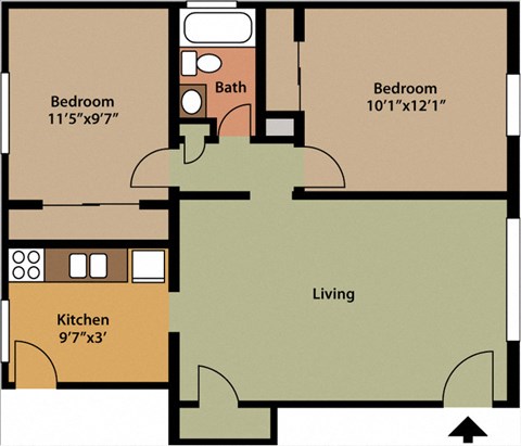 Floor plan for 2 beds, 1 bath, 664 sqft